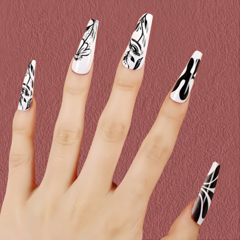 Abstract Face Sketch Press-On Nails – Extra Long Black & White Coffin Glue-On Set
