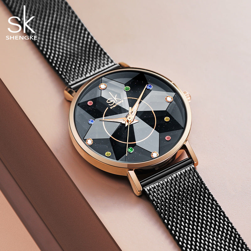 SK Women’s Quartz Watch – Geometric Hexagram Design, Waterproof Leisure Wristwatch