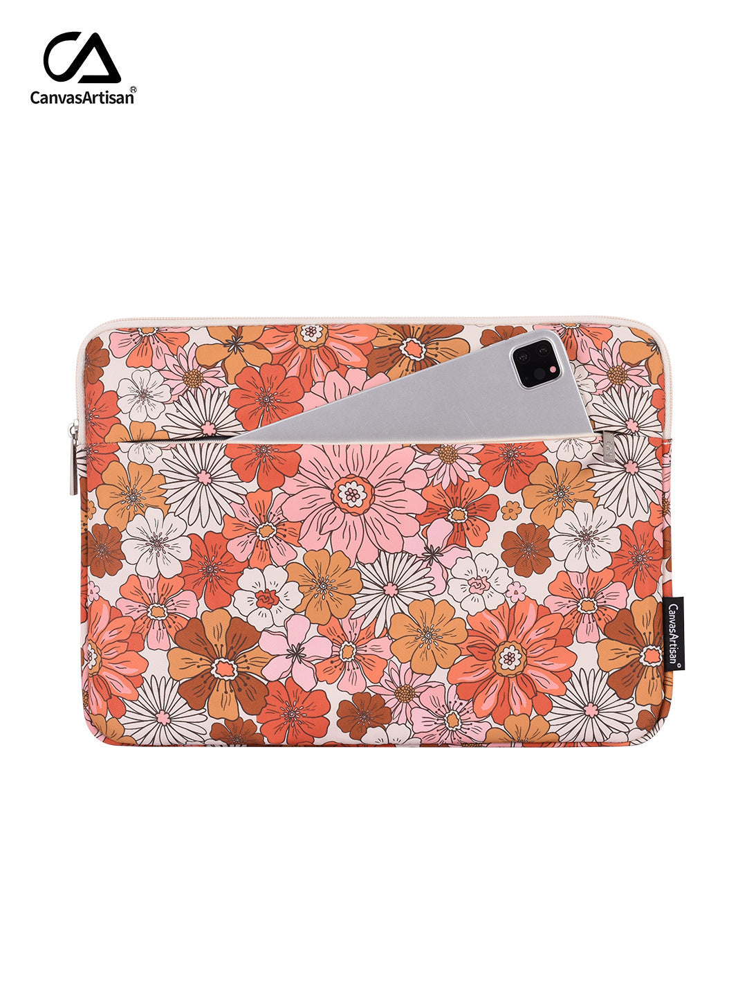 Dual Compartment Orange Floral Laptop Sleeve – Waterproof  Case for 11–15" Laptop