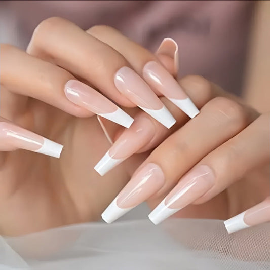 Extra Long Coffin Press-On Nails – Classic French Tip Acrylic Nail Art