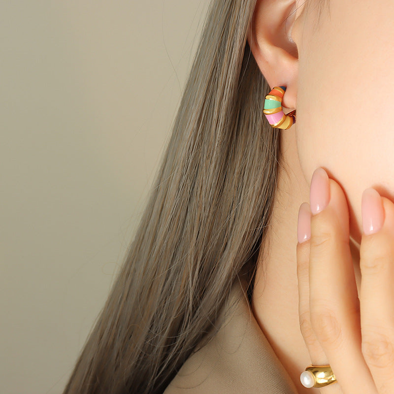 Retro Striped Enamel Earrings for Women – Non-Fading Titanium Steel Jewelry