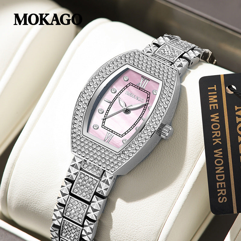 Mokago Elegant Women’s Diamond Quartz Watch – Mother-of-Pearl Dial, Luminous Timepiece