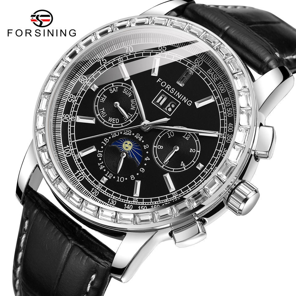 Men’s Rhinestone Mechanical Watch – Multifunction Semi-Automatic Timepiece