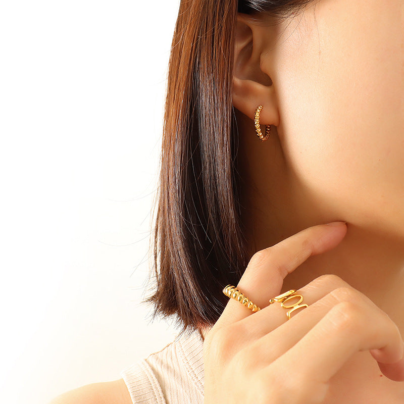 Embossed Round Hoop Earrings for Women – Titanium Steel Geometric Jewelry