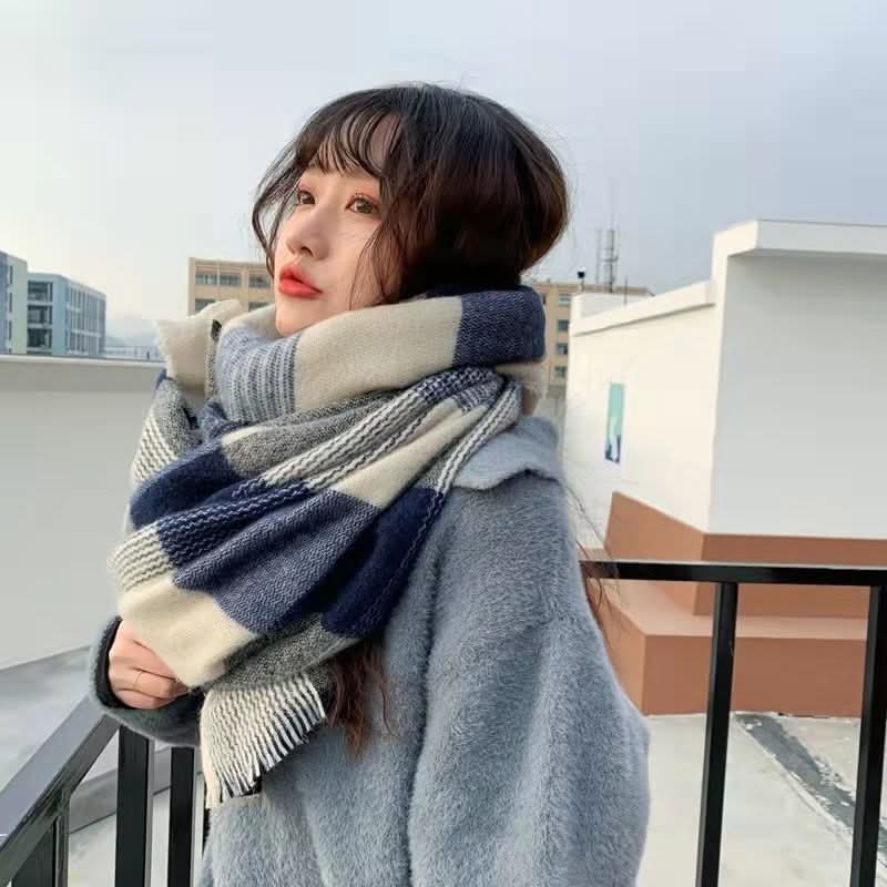 Blue Plaid Winter Scarf for Women
