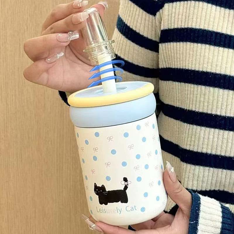 Cute Cat Stainless Steel Thermos Cup – 500ml Insulated Water Bottle with Straw