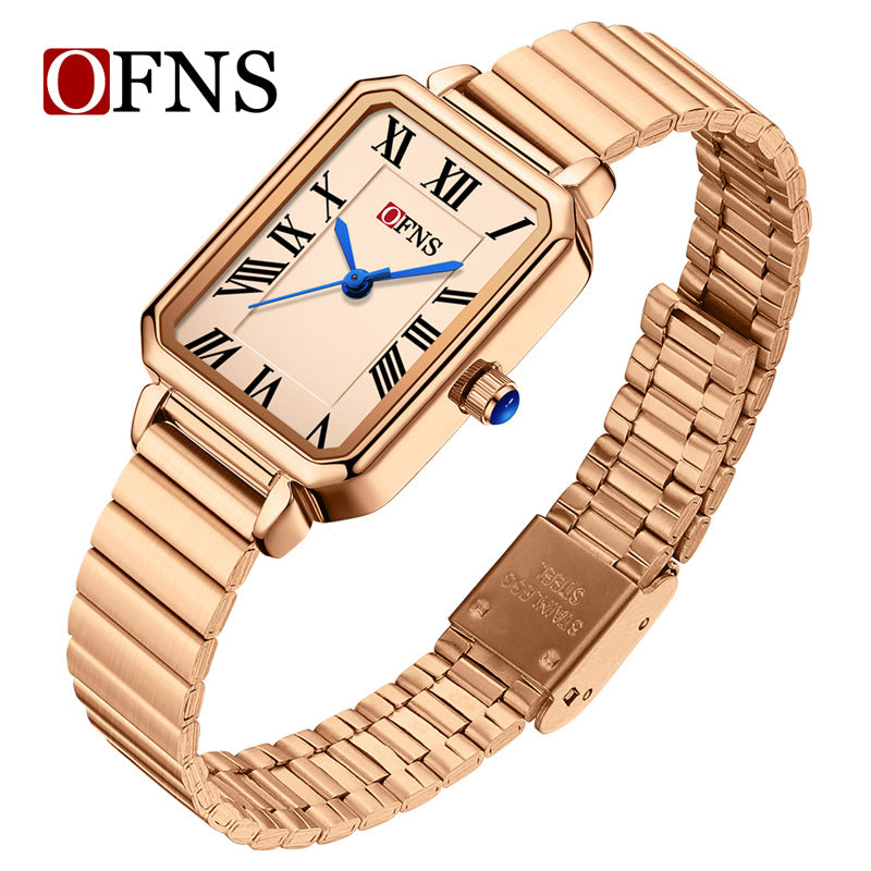 OFNS Women’s Quartz Watch – Retro Rectangular Dial, Stainless Steel Strap Casual Wristwatch