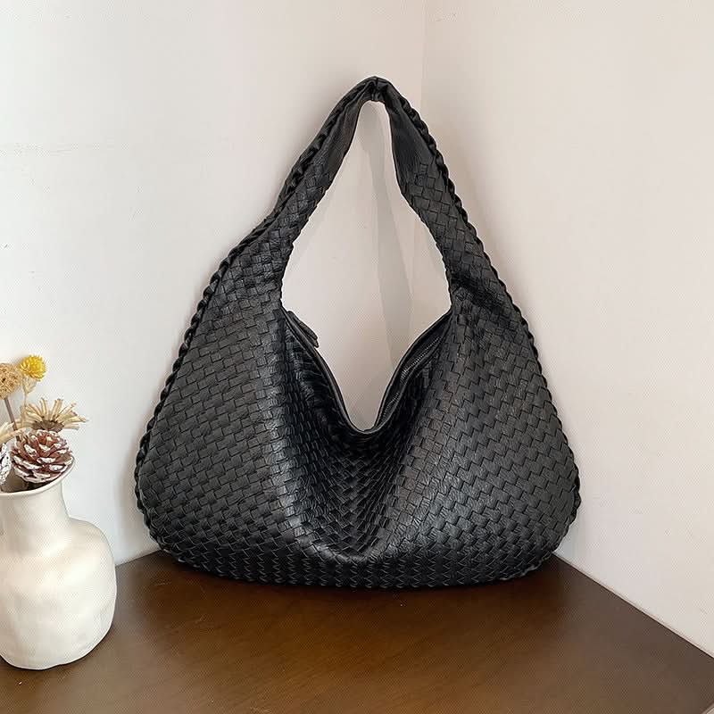 Women's Woven Shoulder Bag – Handbag with Zipper Closure and Inner Pockets