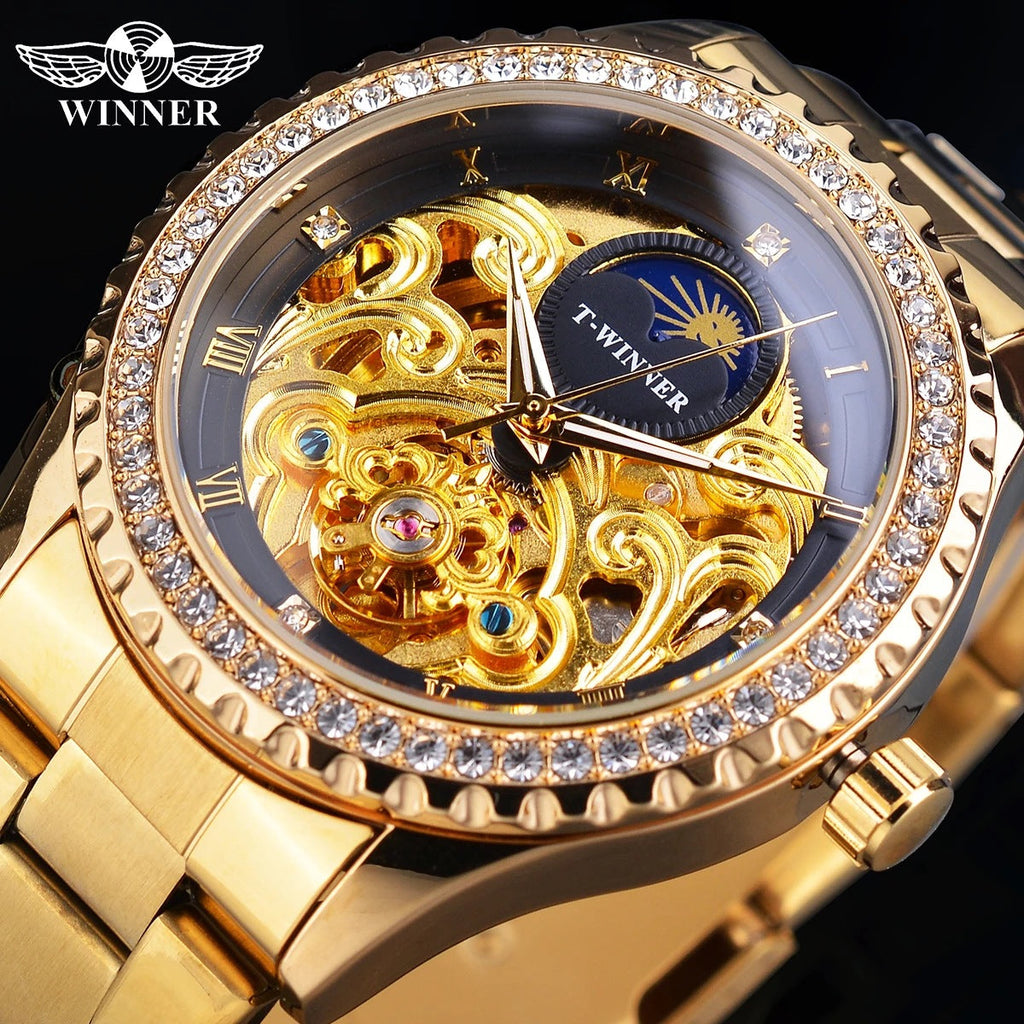 T-Winner Men’s Skeleton Automatic Mechanical Watch – Rhinestone Bezel, Fashion Timepiece