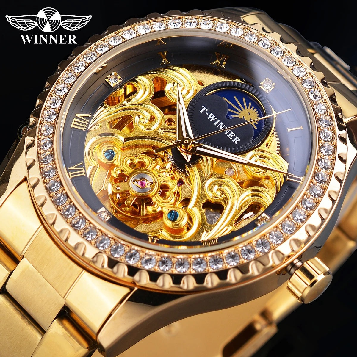T-Winner Men’s Skeleton Automatic Mechanical Watch – Rhinestone Bezel, Fashion Timepiece