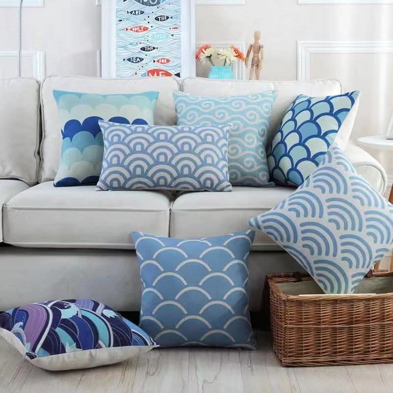 1 pc Mediterranean Sofa Cushion – Blue Square Pattern, Jacquard Cotton & Linenow
