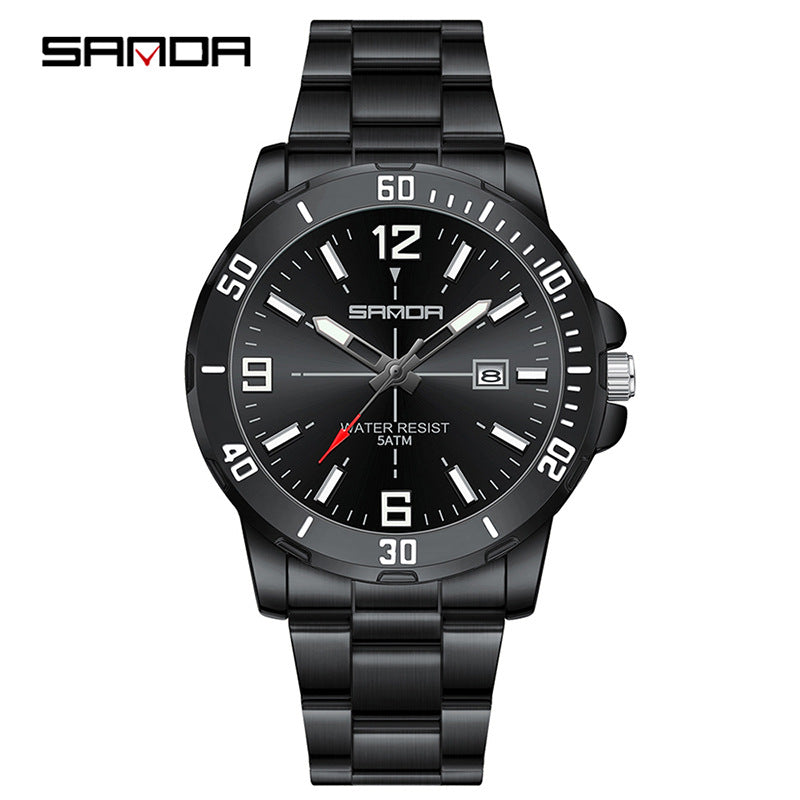 SANDA Men’s Large Dial Quartz Watch – Luminous Stainless Steel Wristwatch with Calendar