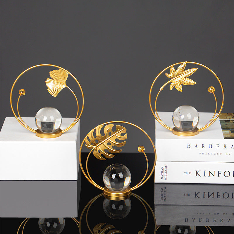 Modern Gold Iron Crystal Ball Leaf Ornament – Home Decor Accent