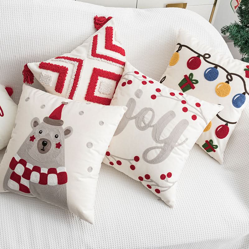 Christmas Embroidered Plaid Pillow Cover – 45x45cm