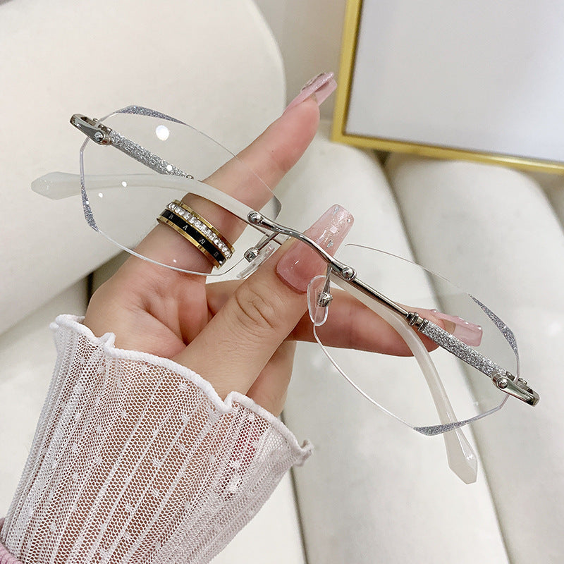 Diamond-Cut Frameless Anti-Blue Light Glasses for Women – Trendy Polygonal Myopia Eyewear