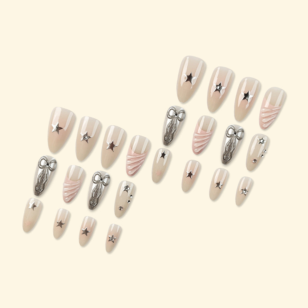 Elegant 3D Press-On Nails with Metallic Stars & Bowknot Design - Almond Glossy Set
