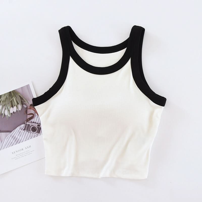Women's Padded Tank Top – Sleeveless Contrast Color Crop Vest with High Neck
