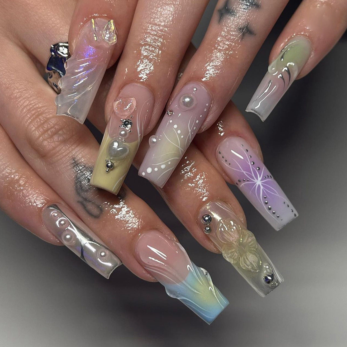 3D Multicolor Coffin Press-On Nails – Long Glossy Gradient with Floral & Pearl Accents