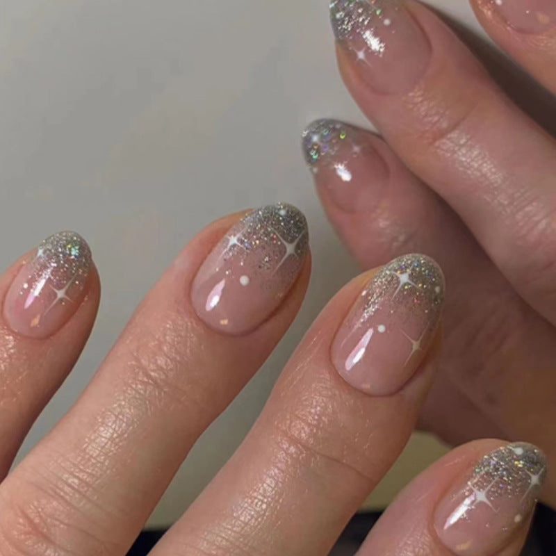 Sparkly Ombre Press-On Nails – Pink Silver Glitter Oval Set