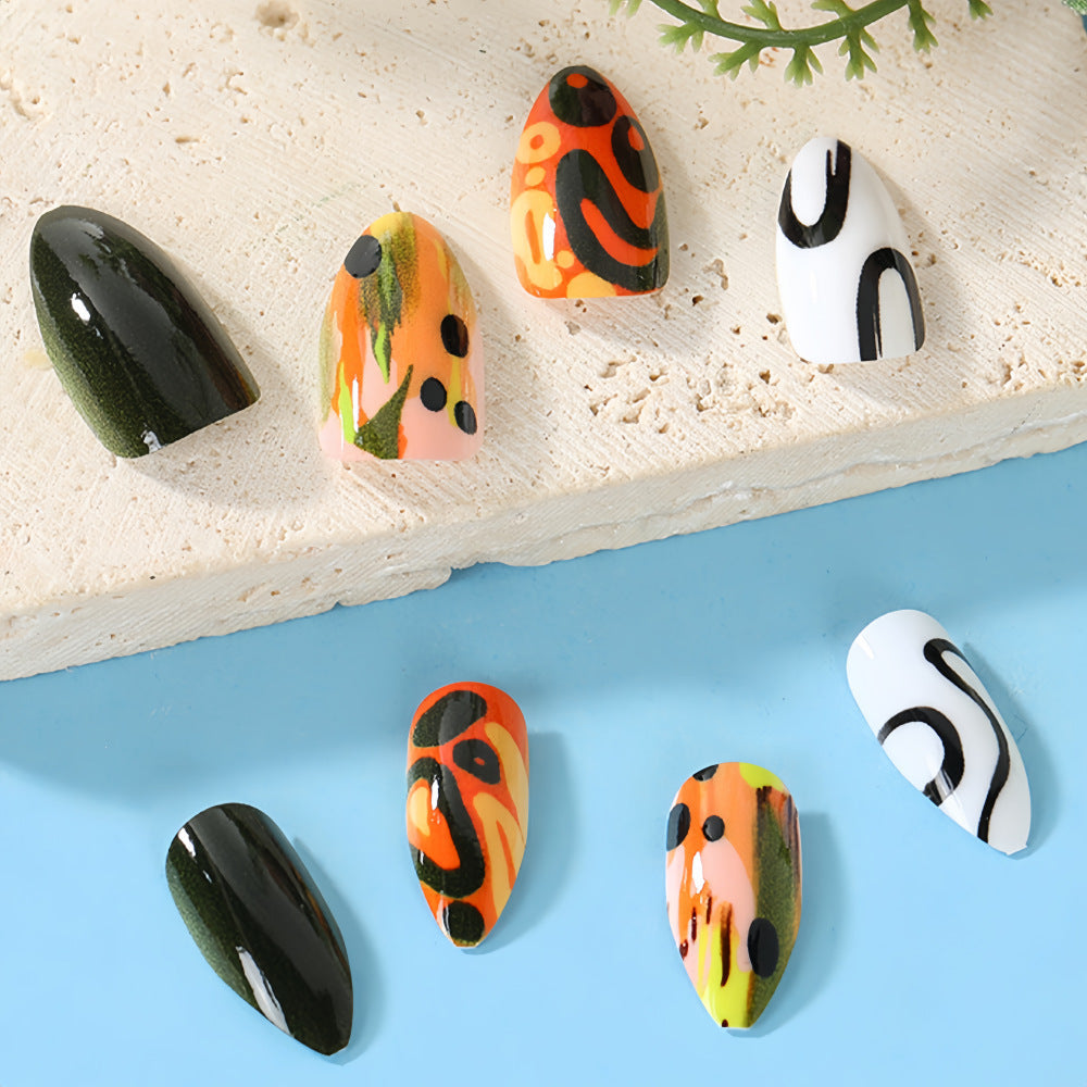 Eclectic Abstract Almond Press-On Nails – Graffiti-Inspired Design, Reusable Nail Art Set