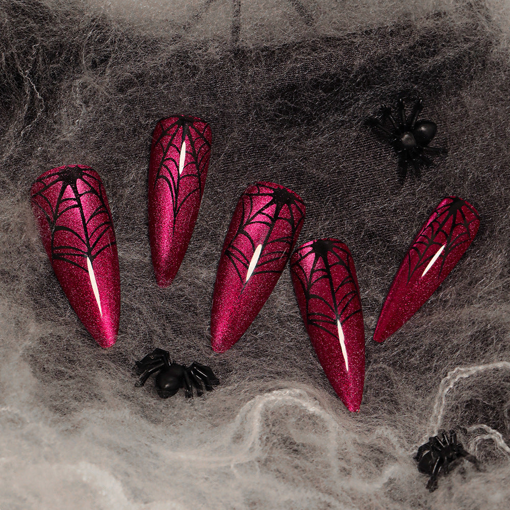 Red Cat Eye Halloween Press-On Nails – Long Stiletto Spider Web Design