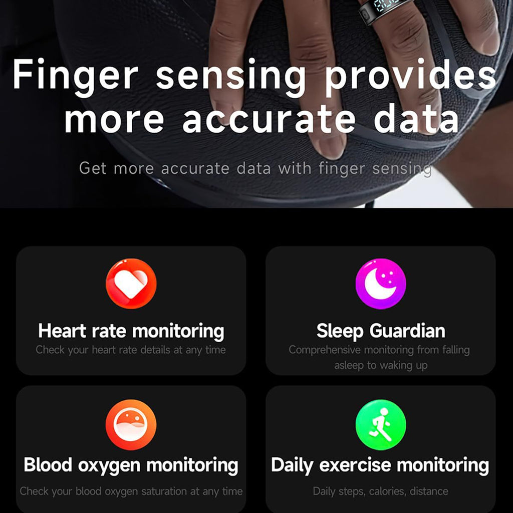 Smart Fitness Ring with Heart Rate, Sleep Monitor & Step Counter – Touch Screen for Android & iOS