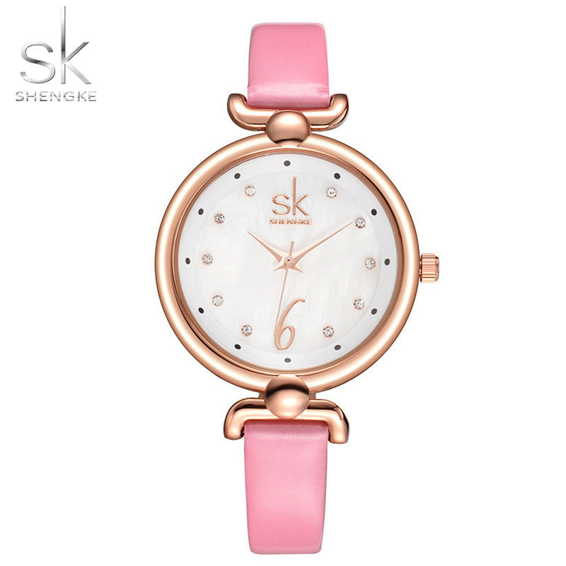 SK Women’s Quartz Watch with Rhinestones – Fashion Leather Strap Wristwatch