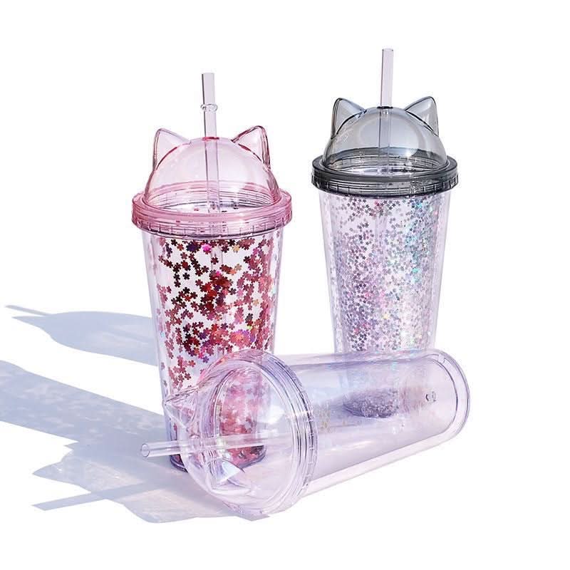 Cute Cat Ear Glitter Straw Cup, 450ml