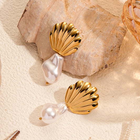 Gold Shell Pearl Earrings – Stainless Steel Ocean-Inspired Jewelry for Women