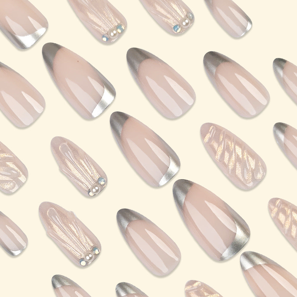 Silver-Edged French Stiletto Press-On Nails – Acrylic Tips with Pearl & Swirl Details