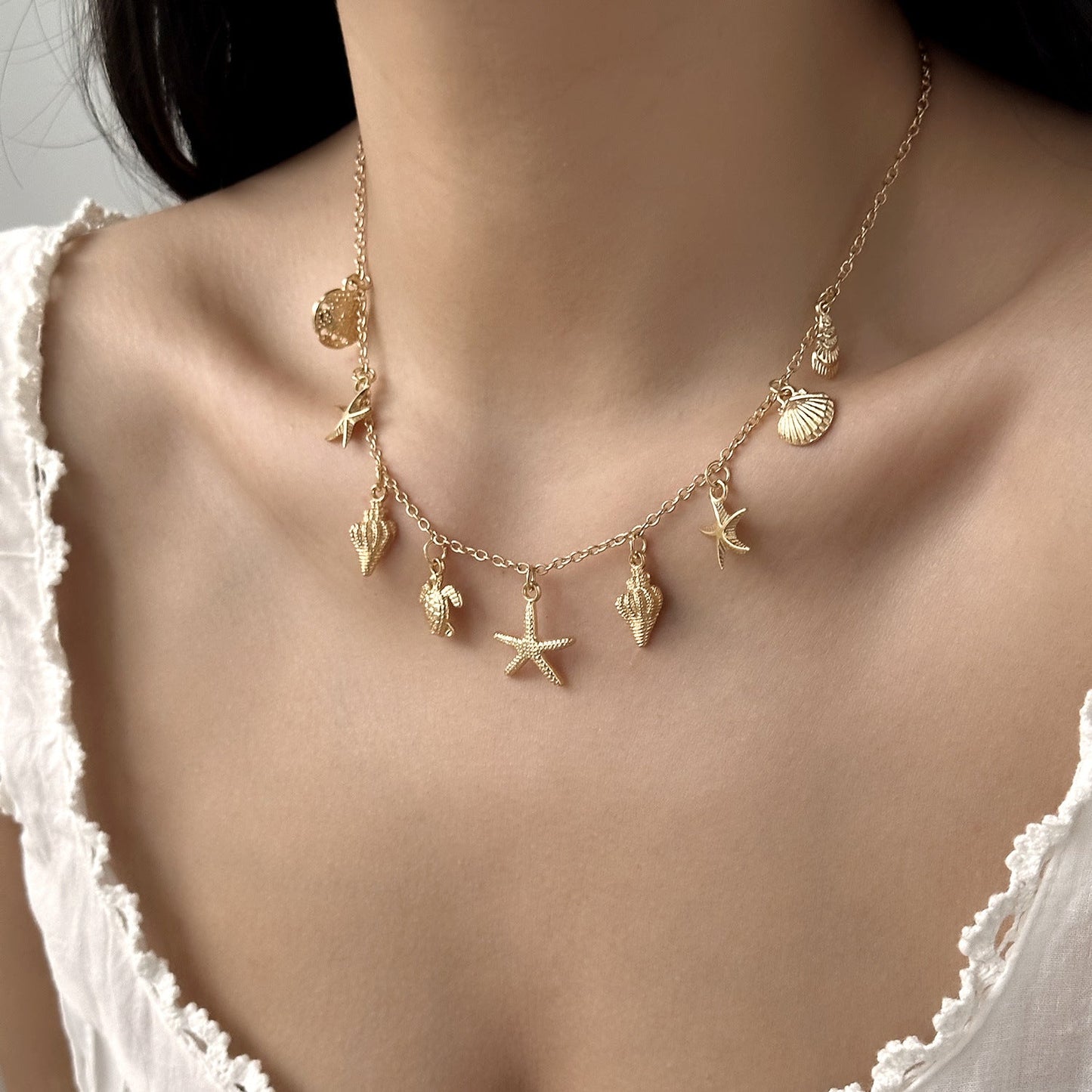 Beach Starfish Pendant Necklace – Sea Shell & Turtle Charm Jewelry for Women
