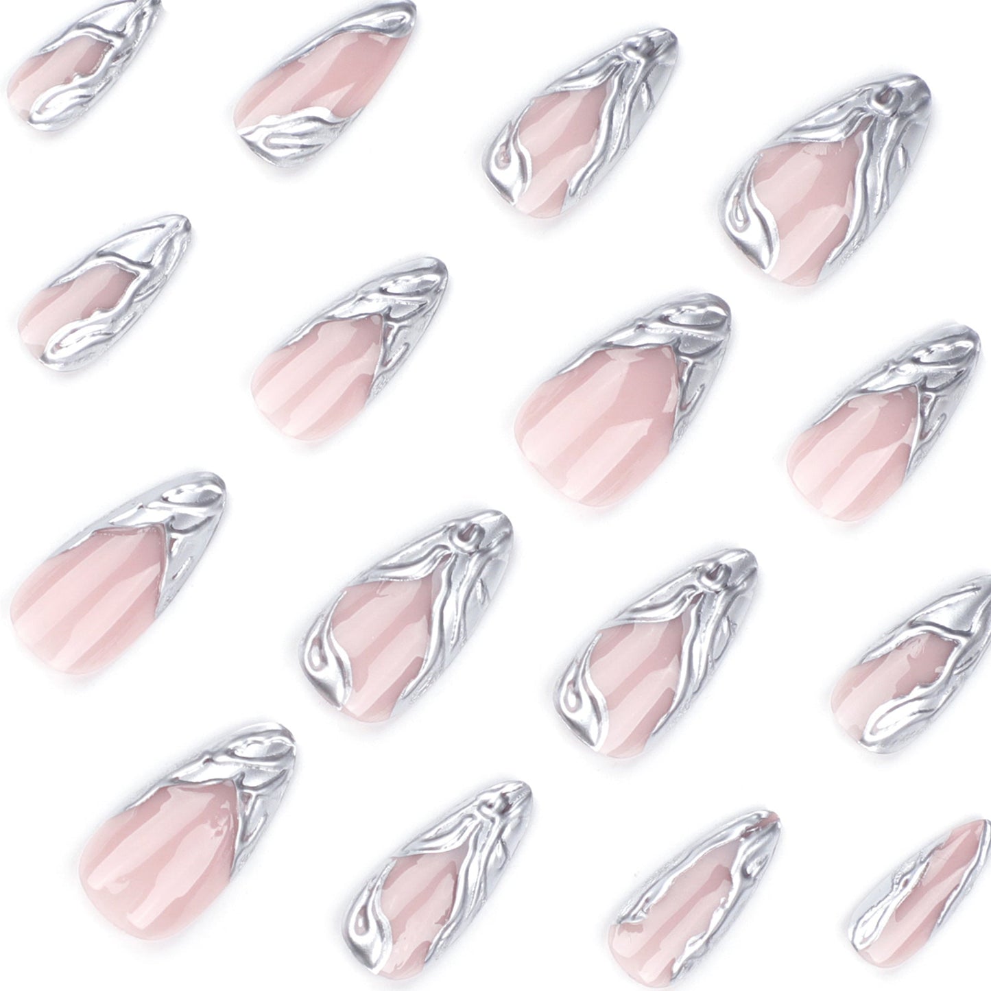 Chrome Stiletto Press-On Nails – Long Metallic Silver Swirl Design, Glue-On Acrylic
