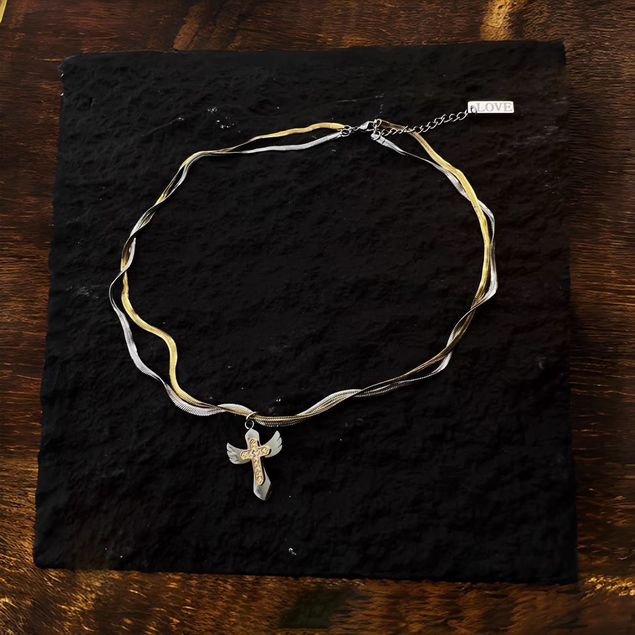 Men’s Two-Tone Cross Pendant Necklace – Snake Bone Chain