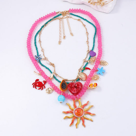 Colorful Sun Face Pendant Necklace – Multi-Layer Alloy Jewelry for Women