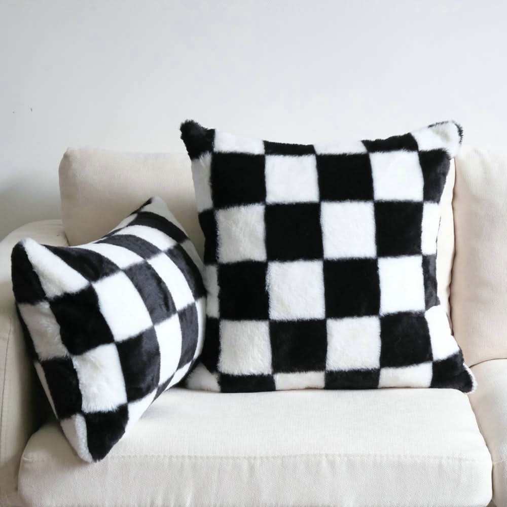 Black & White Checkerboard Pillowcase - Modern Embroidery, Rabbit Fur Accent