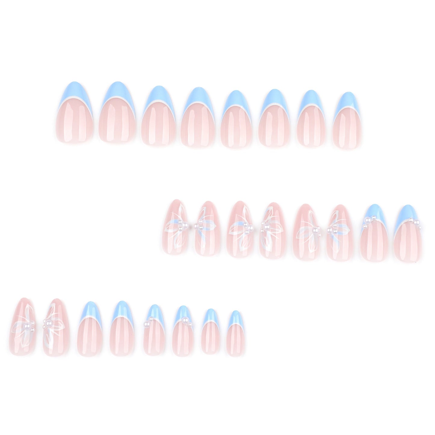Floral French Tip Press-On Nails – Blue Butterfly Pearl Design, Medium Almond Shape