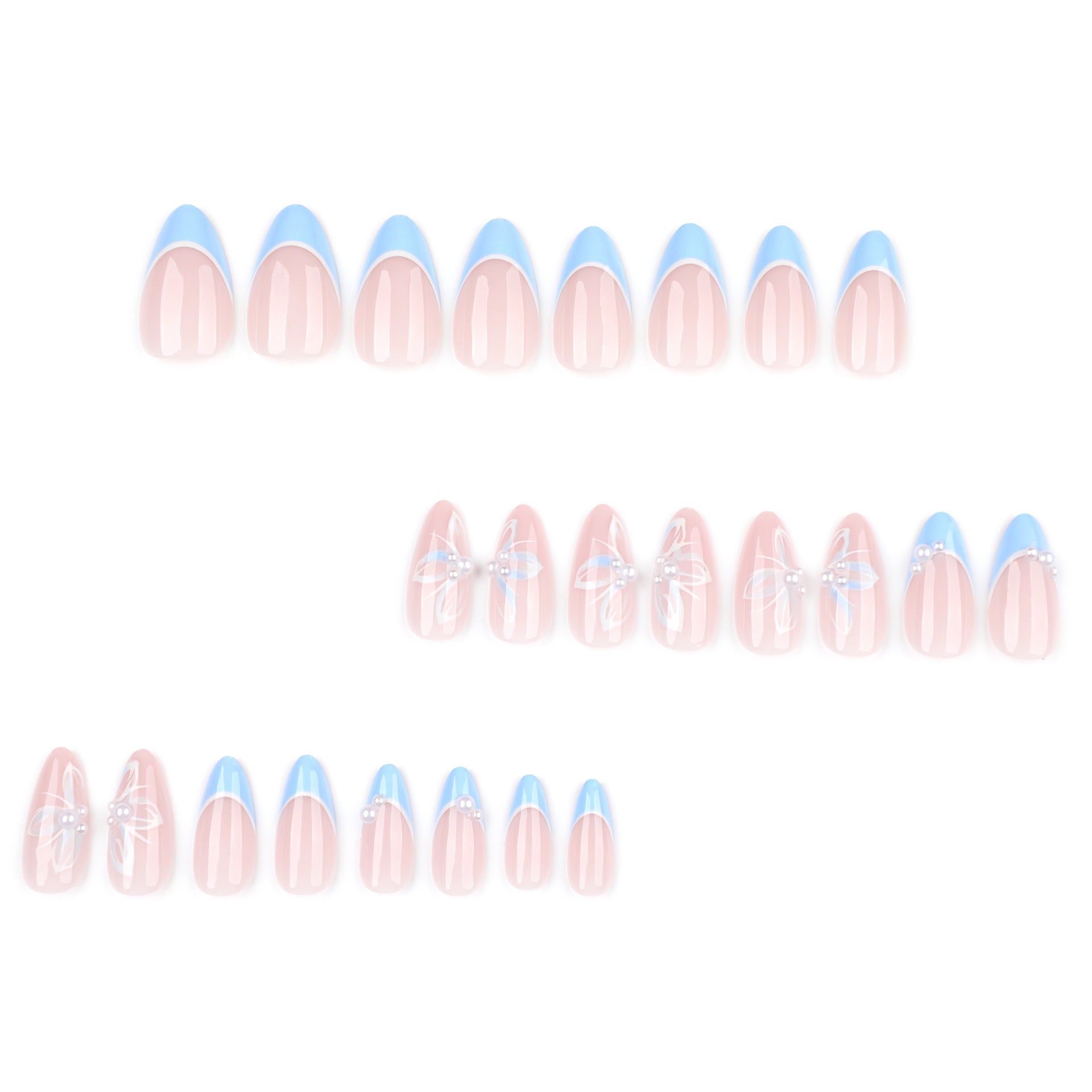 Floral French Tip Press-On Nails – Blue Butterfly Pearl Design, Medium Almond Shape