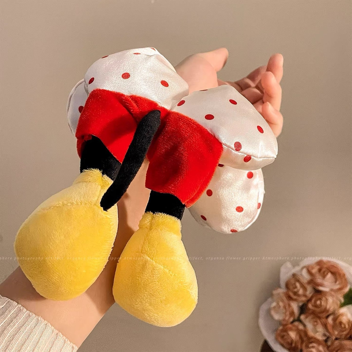 Mickey Flower Polka Dot Hair Scrunchie – Cute Plush Ball Princess Hair Tie for Women