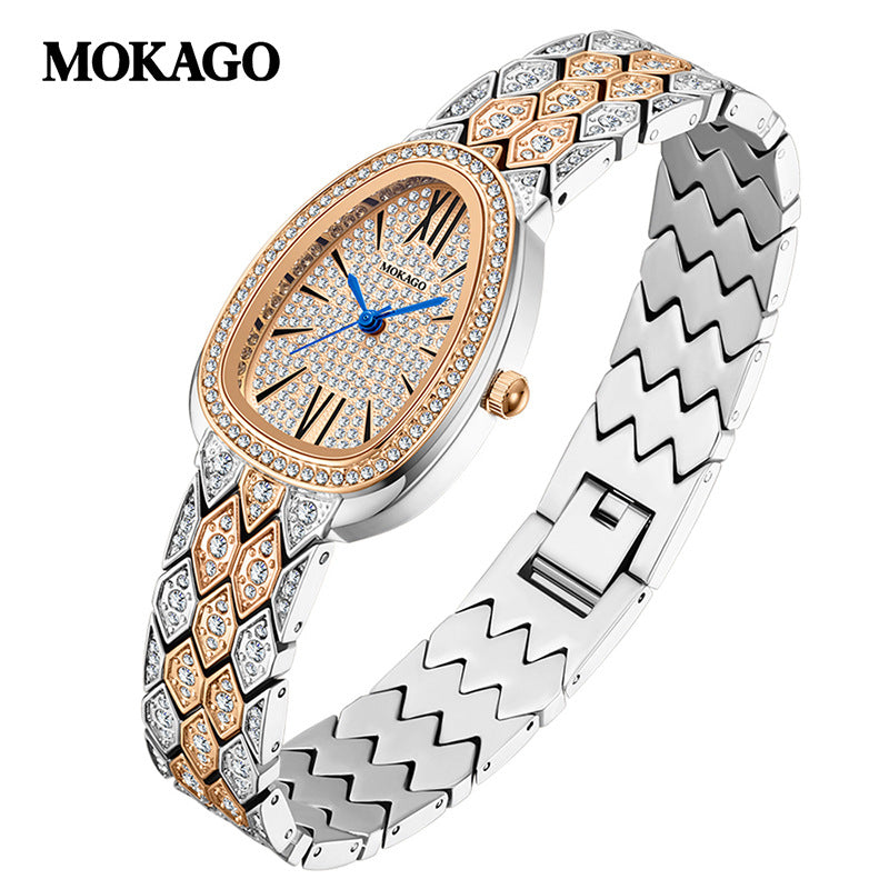 MOKAGO Diamond Snake Ladies’ Quartz Watch – Teardrop Dial, Waterproof Timepiece