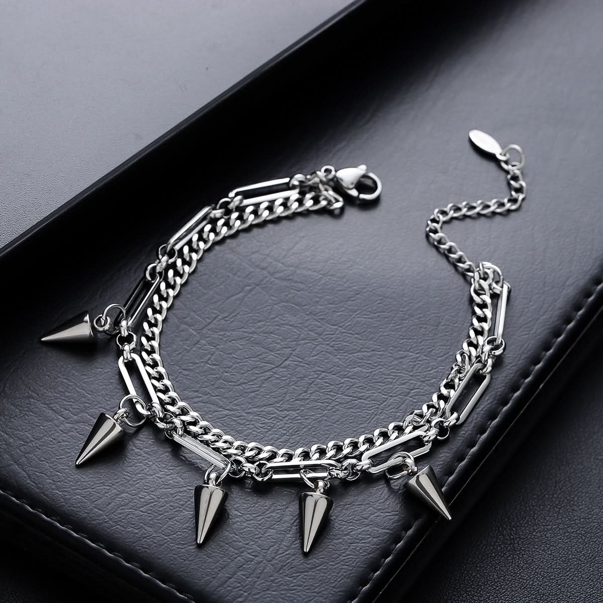 Men’s Stylish Double-Layer Rivet Bracelet – Hip-Hop Tassel Chain