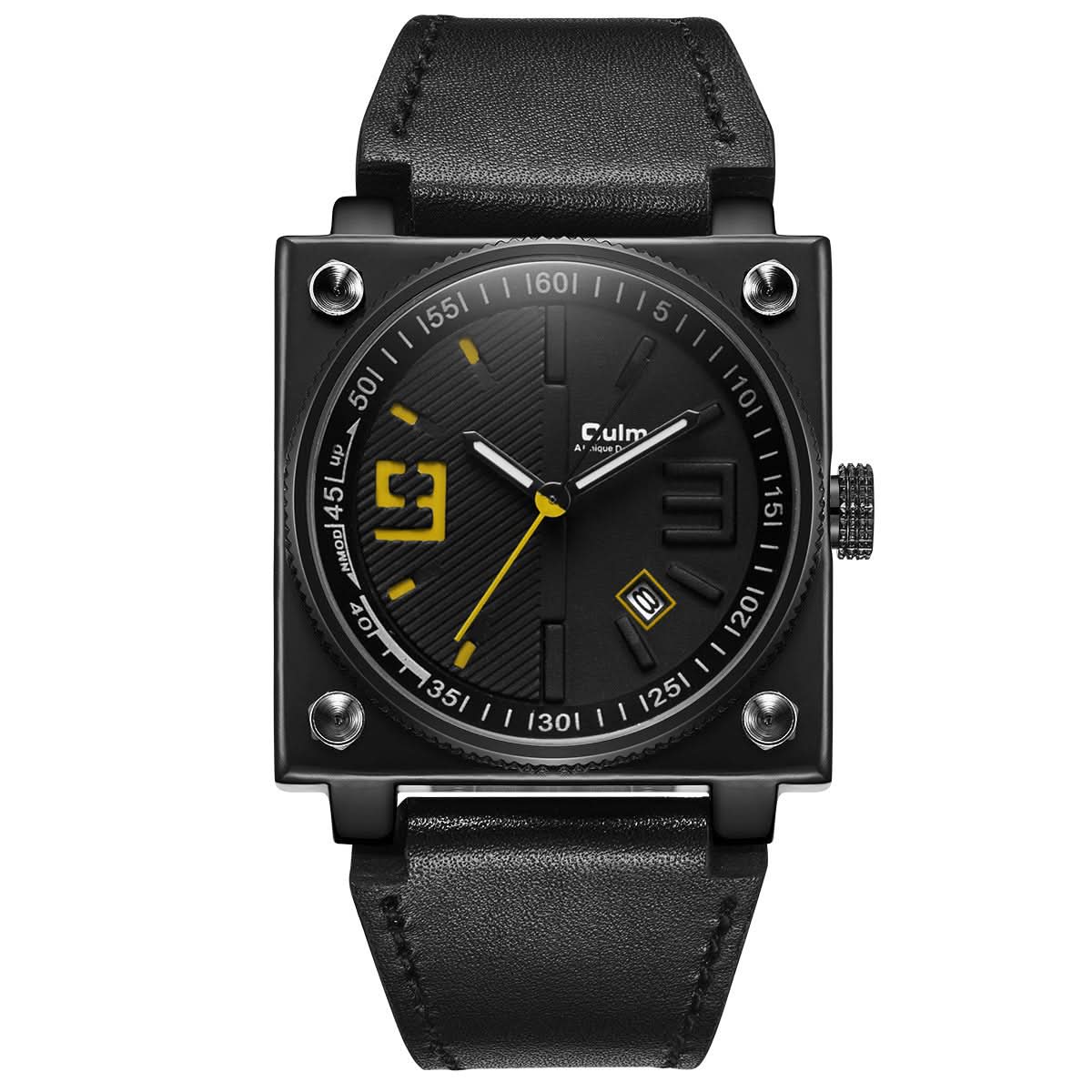 Men’s Square Leather Quartz Watch – Week & Date Display