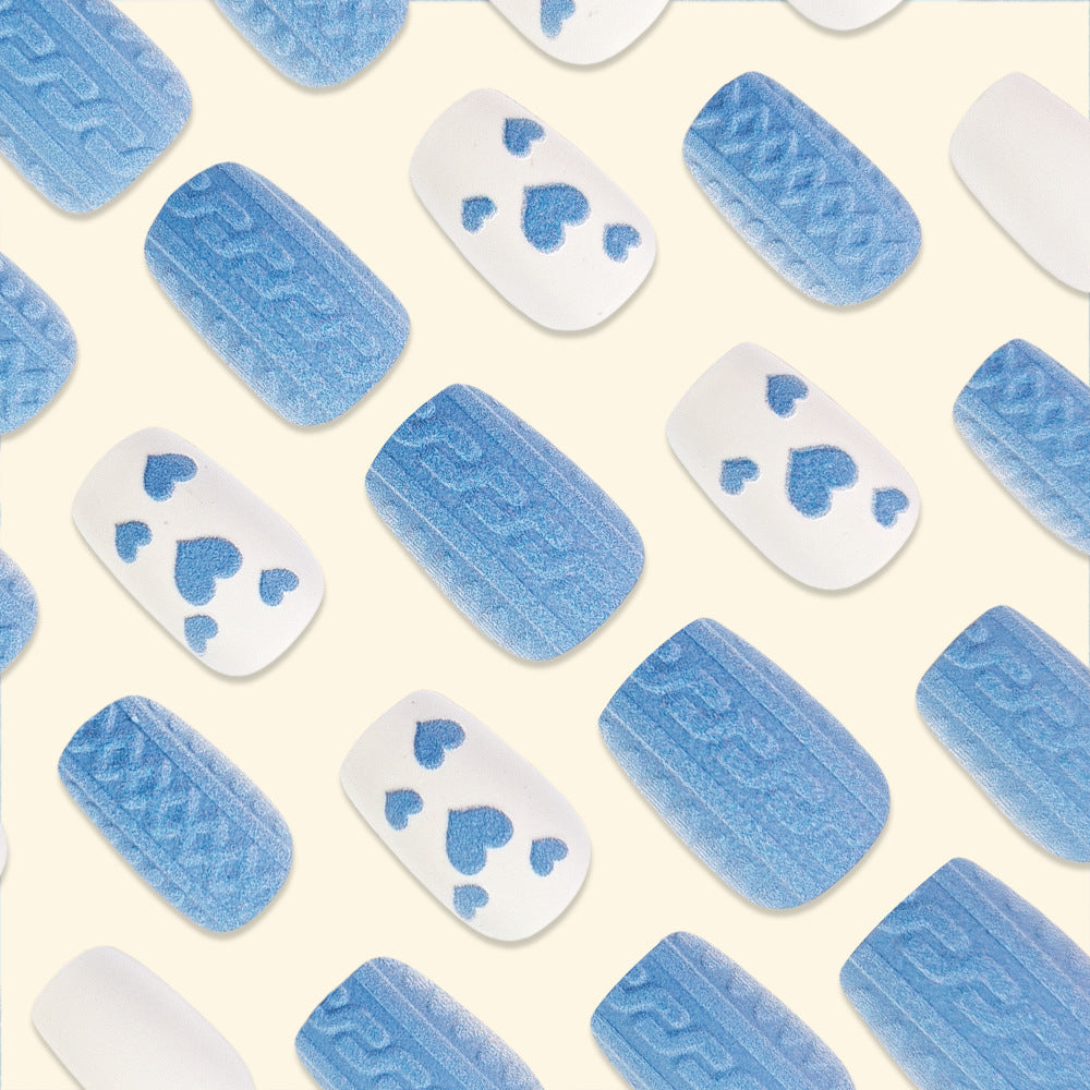 Blue Heart Matte Press-On Nails – Medium Square Acrylic Glue-on Nail Set Tips