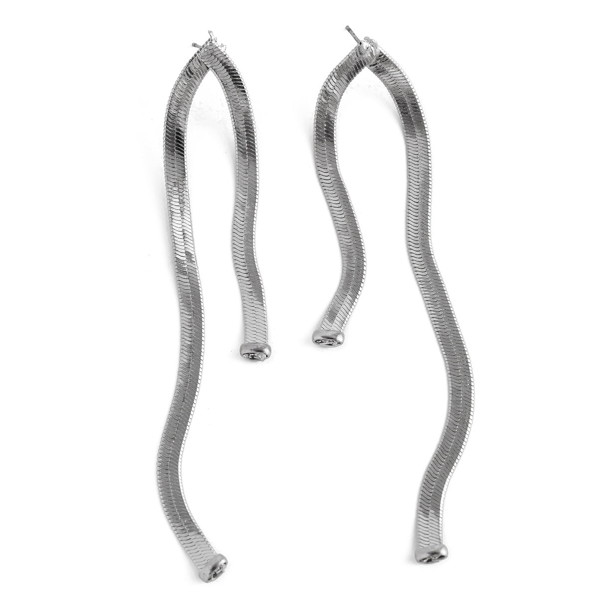 Silver Serpent Line Drop Earrings – Textured Wave Long Tassel Design for Women