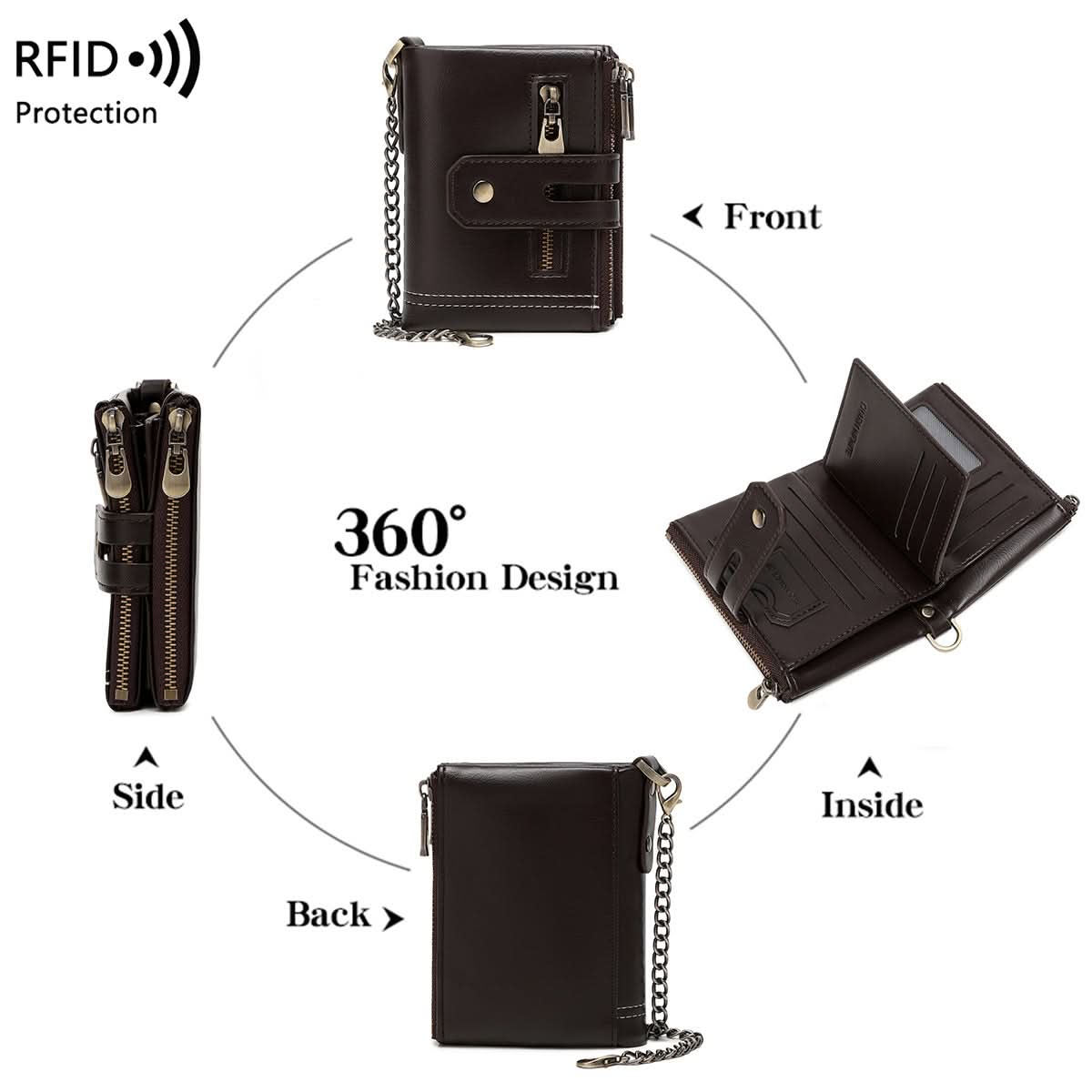Men’s RFID-Blocking Leather Wallet – Trifold Design with Coin Pocket