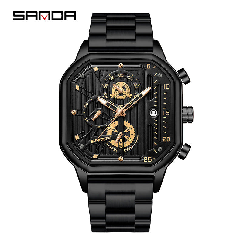 SANDA Men's Stainless Steel Square Quartz Watch – Multifunction Calendar Waterproof Timepiece