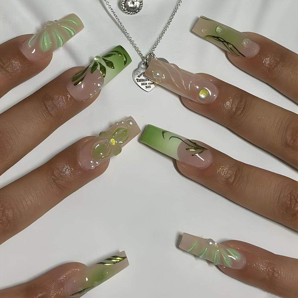 3D Floral Square Press-On Nails – Long Green & Nude Acrylic Tips
