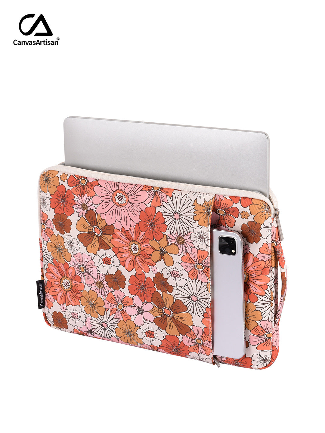 Orange-Pink Retro Bloom Waterproof Laptop Bag – Floral Polyester Sleeve for 11–15"