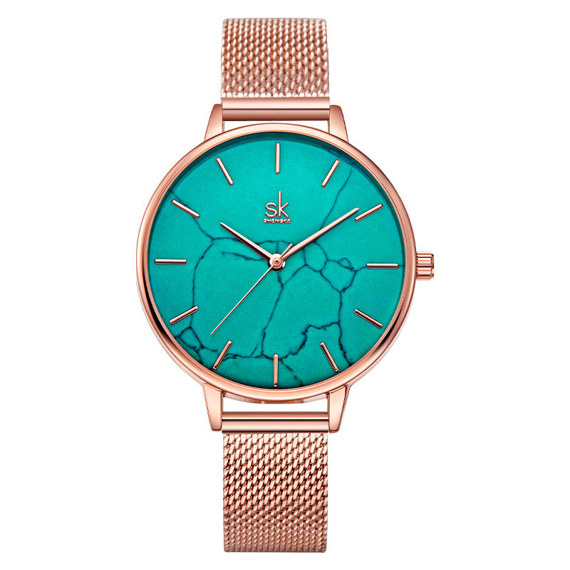 SK Women’s Quartz Watch – Marble Pattern Dial, Thin Strap, 30M Waterproof