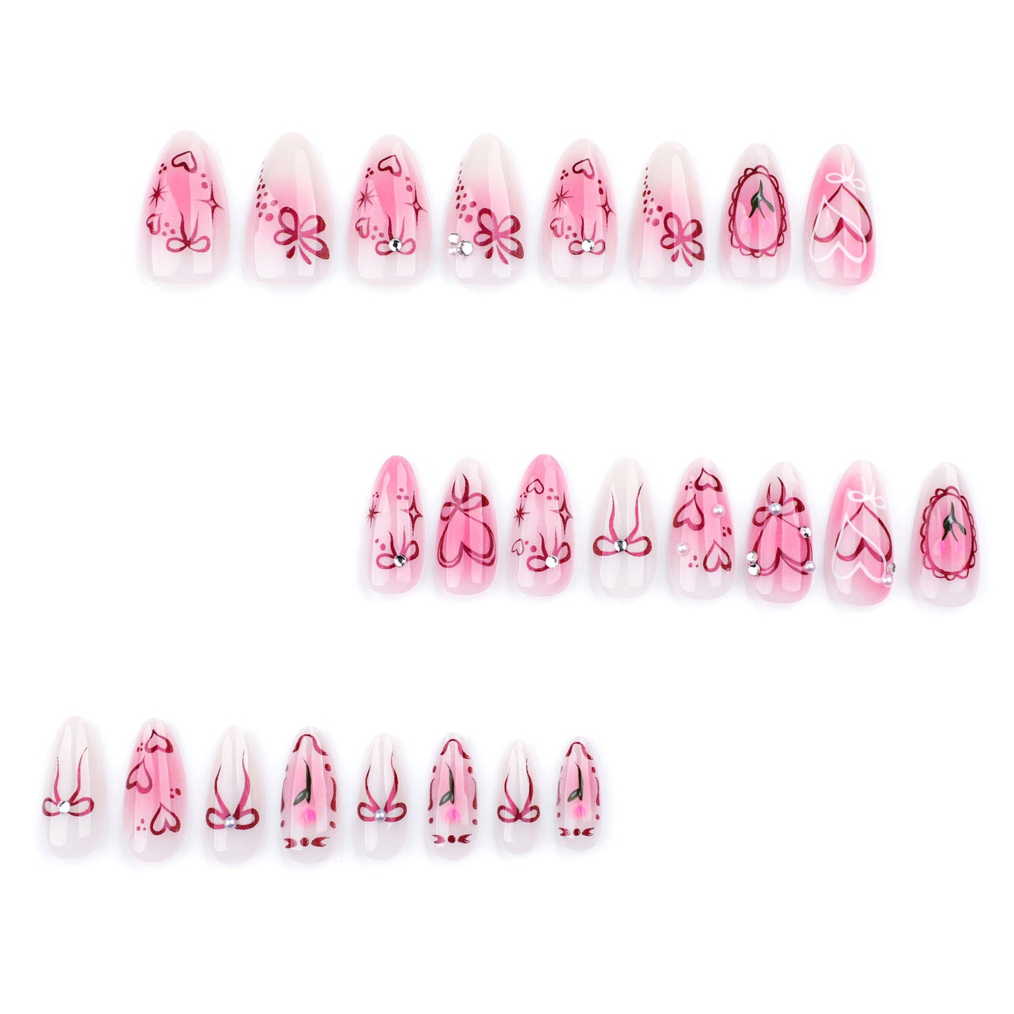 Romantic Heart & Bow Press-On Nails – Glossy Almond Shape Glue-On Nails