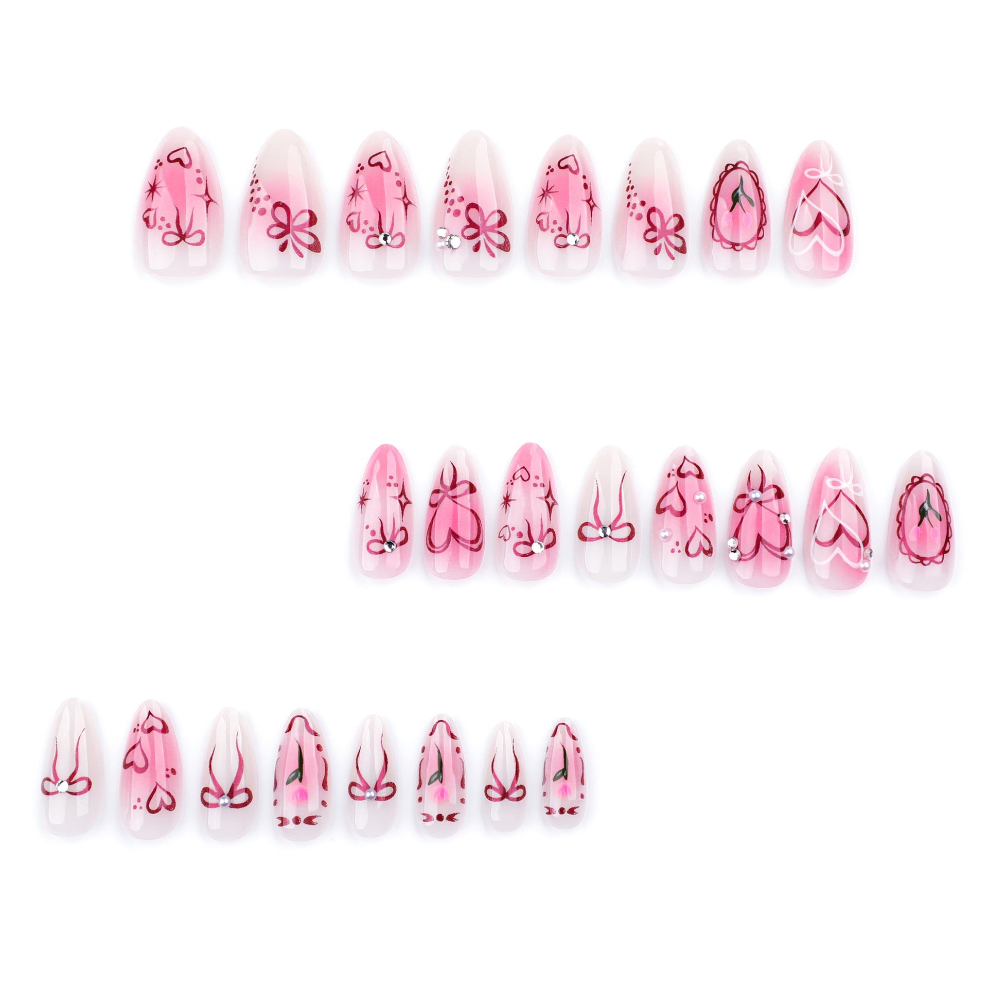 Romantic Heart & Bow Press-On Nails – Glossy Almond Shape Glue-On Nails
